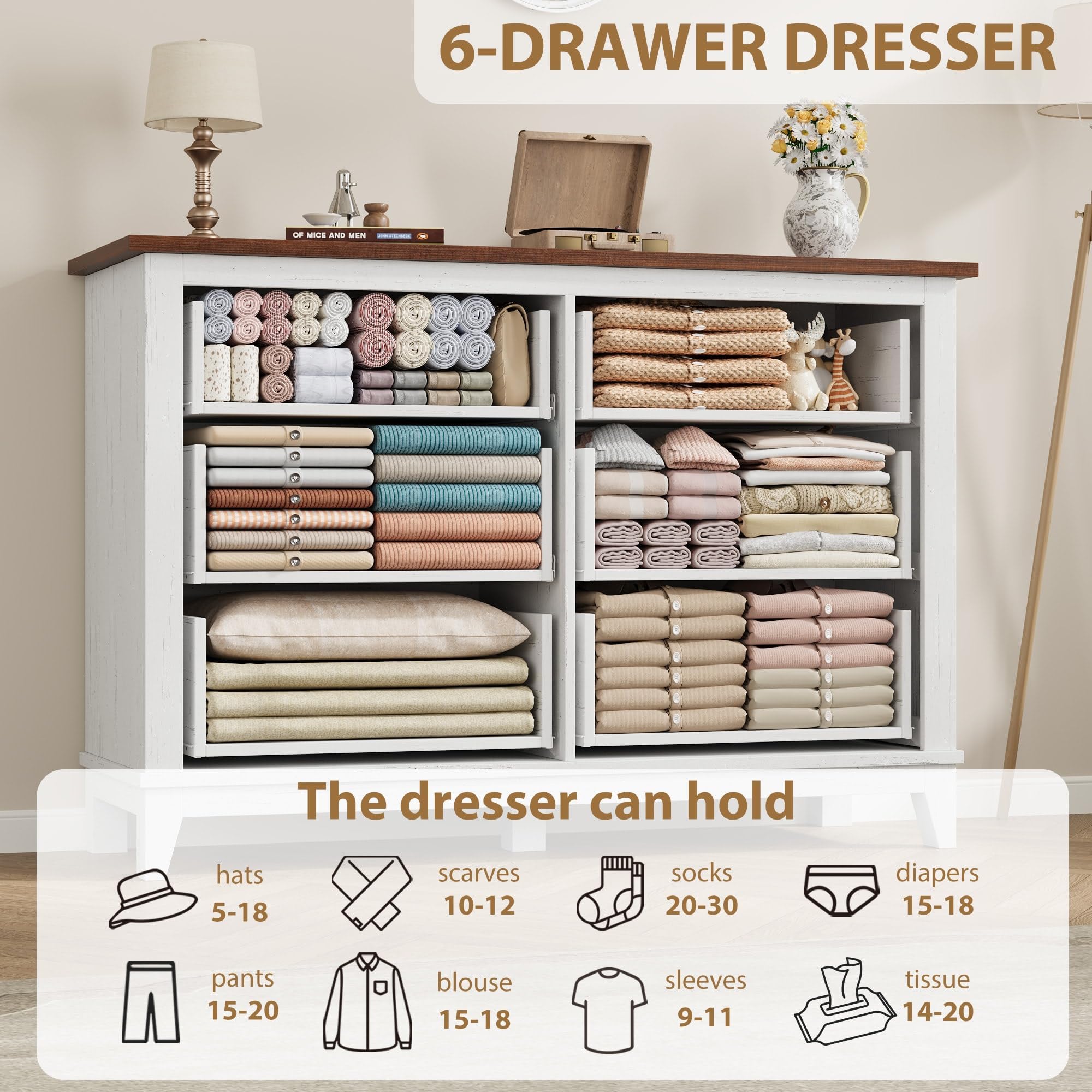 6 Drawer Dresser Wooden Chest Storage Cabinet Clothes Organizer Stable Support