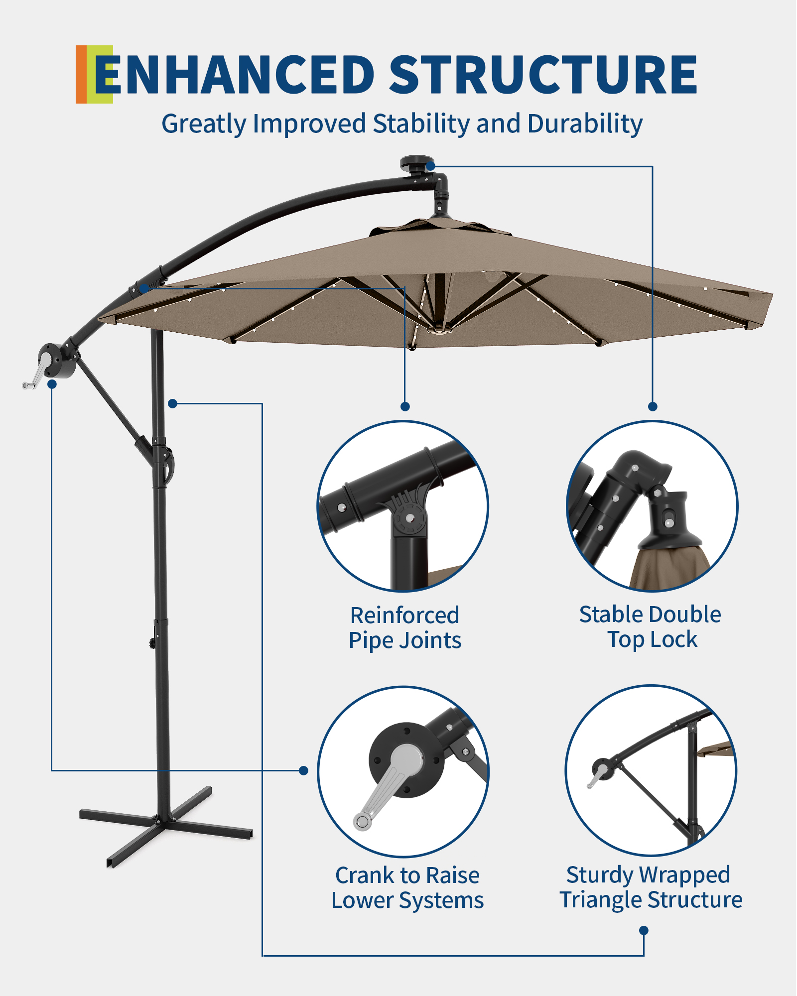 Garvee Offset Patio Umbrella 10ft LED Cantilever Hanging Market Umbrella – Brown