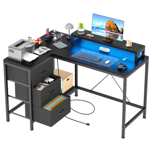 GARVEE L Shaped Computer Desk Gaming Writing Wooden Table With Power Outlets&LED