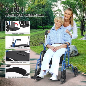 Folding Rollator Walk&Transport Wheelchair Combo Adjustable All-Terrain Rollator