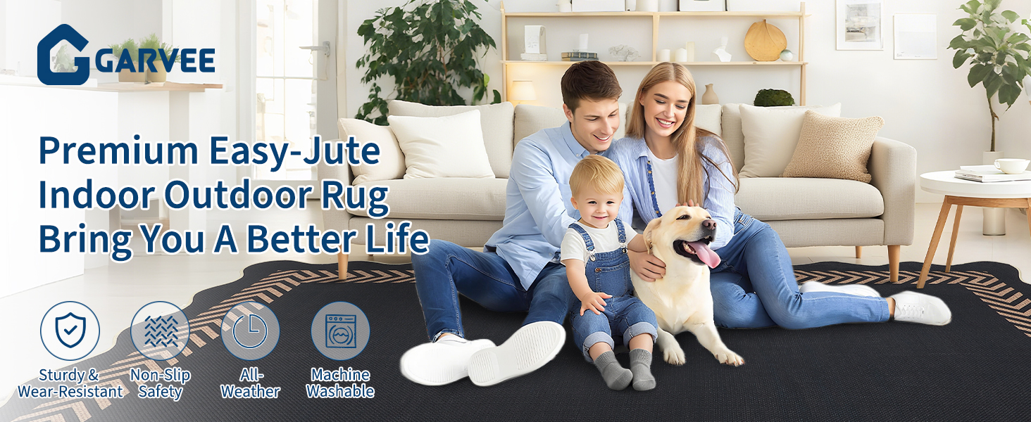 GARVEE premium easy-jute washable non-slip indoor outdoor rug in a bright living room for family and pets