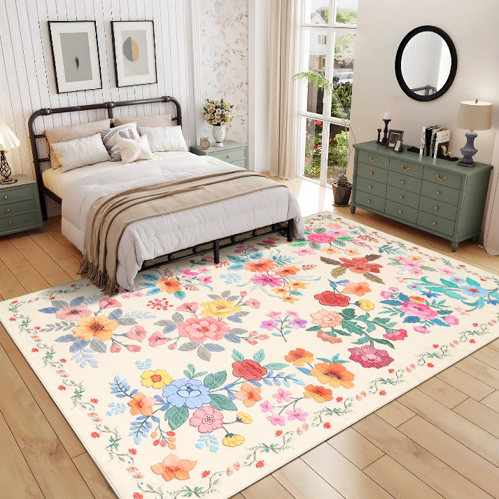 GARVEE washable floral area rug in a bedroom, adding color to beige decor