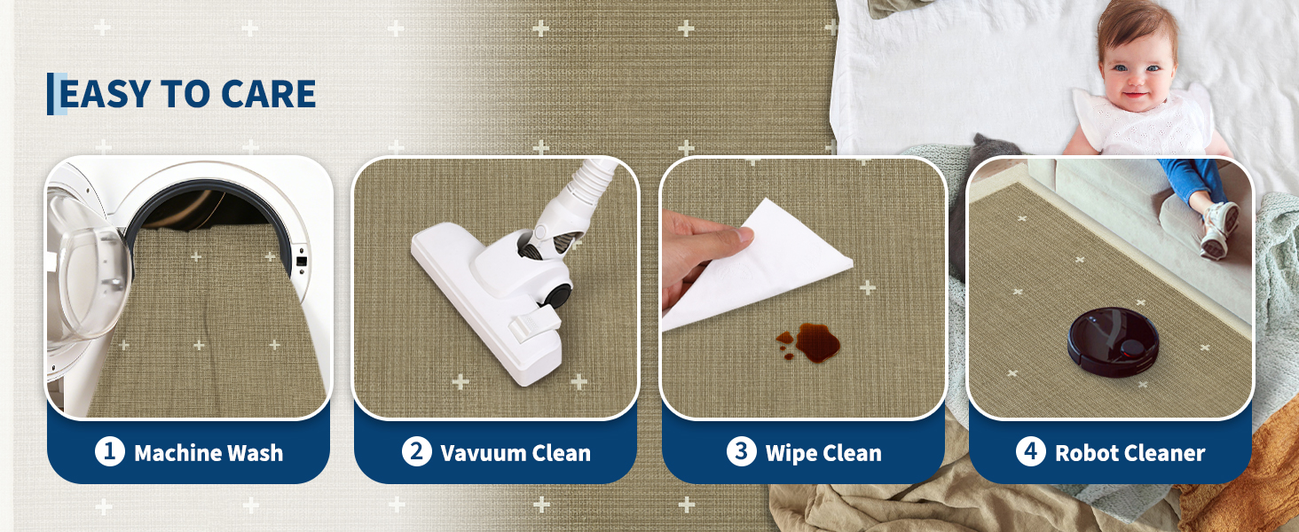 Cleaning guide: machine washable, vacuum friendly, robot cleaner compatible, and spot wipe clean
