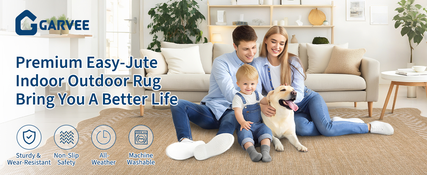GARVEE premium easy-jute washable rug in a bright living room with family and pet