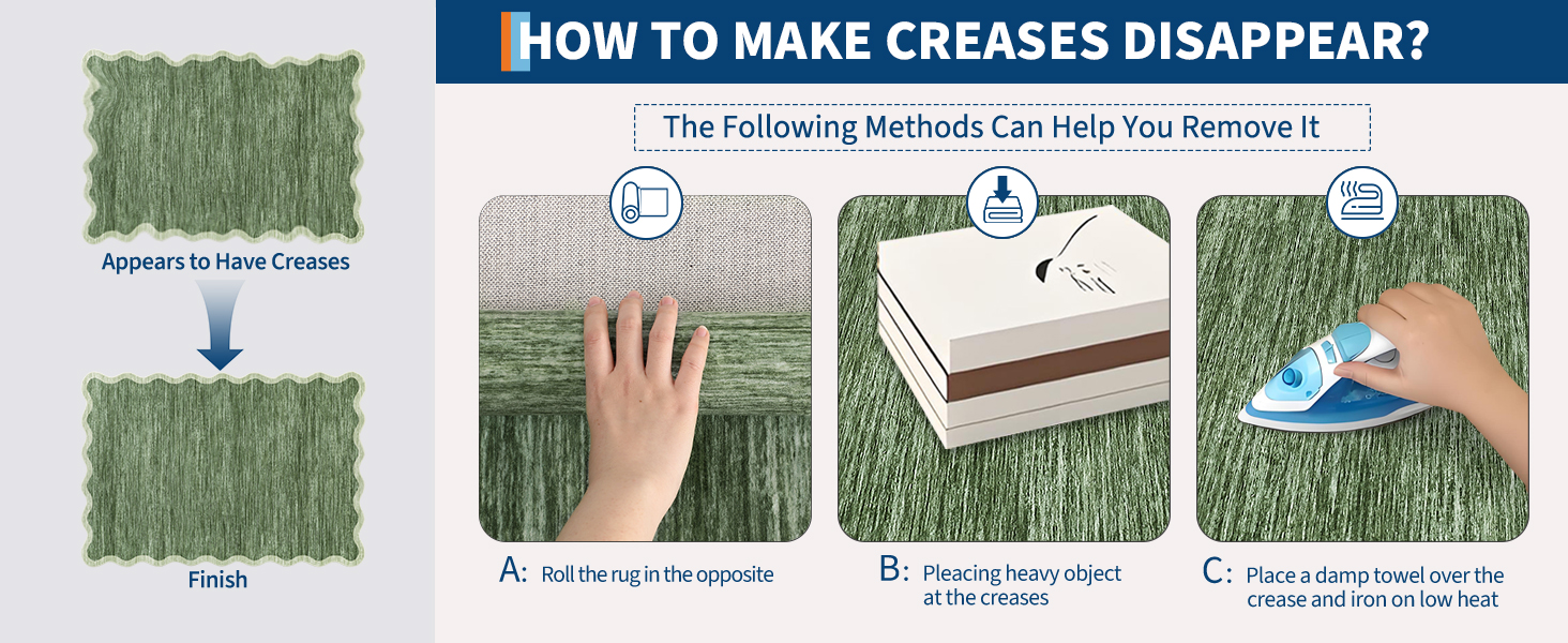 Instructional guide to remove shipping creases using reverse rolling, heavy objects, or low-heat ironing