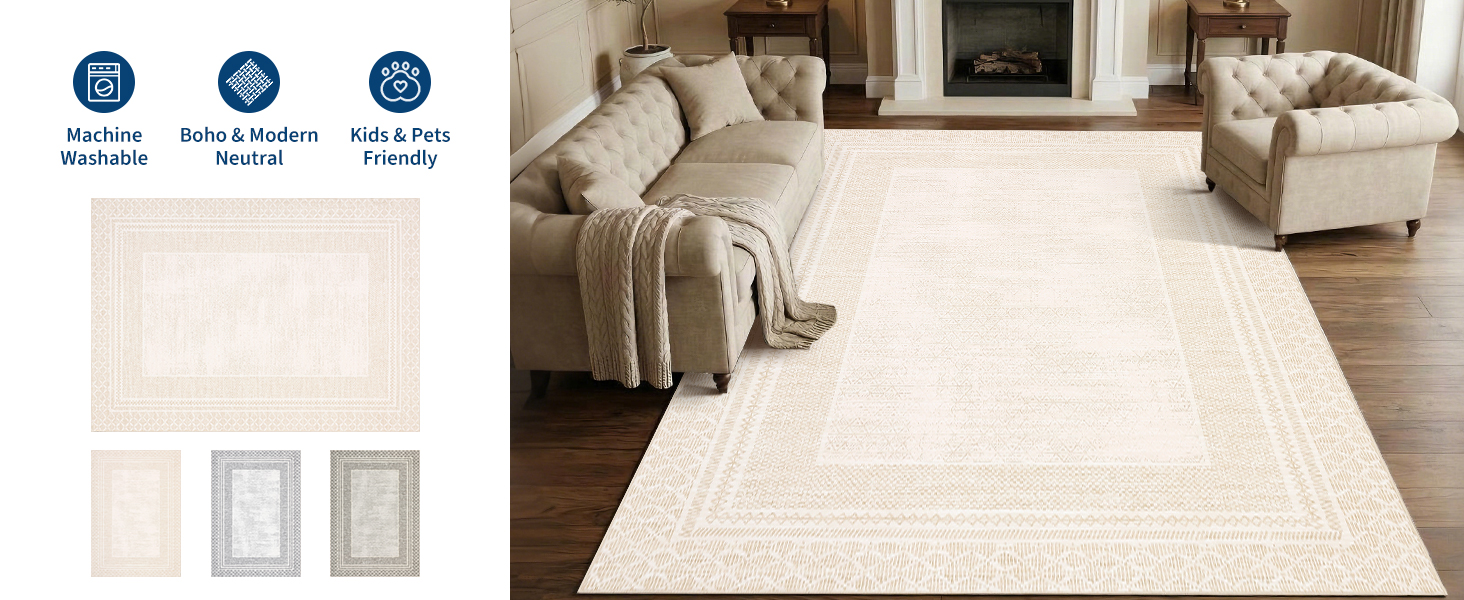 GARVEE neutral geometric washable area rug full view