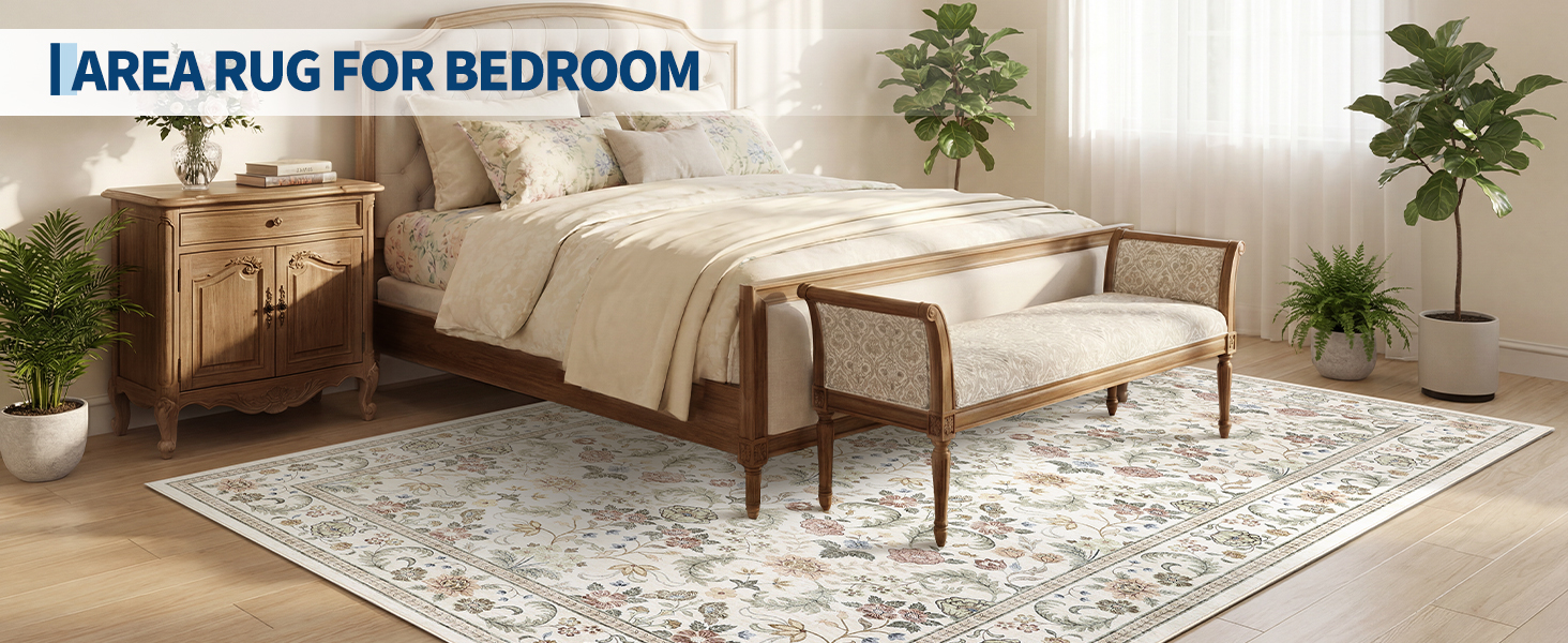 Washable vintage floral area rug styled in a bedroom, warm neutral print adding a soft cozy feel