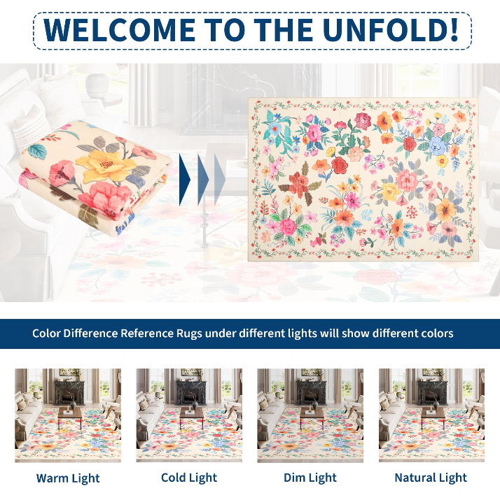 Foldable GARVEE floral rug unfolding with lighting color difference reference