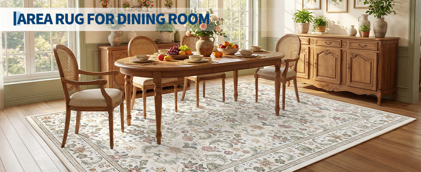 Washable floral area rug under a dining table, warm neutral vintage print for everyday dining spaces