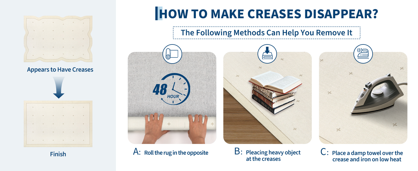 Foldable rug crease removal tips after shipping: rest flat, reverse roll, add light weights, low heat ironing guidance