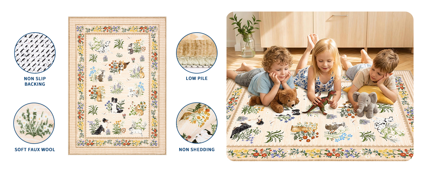 GARVEE cute animals area rug featuring low pile, non-slip backing, soft faux wool feel, and non-shedding surface