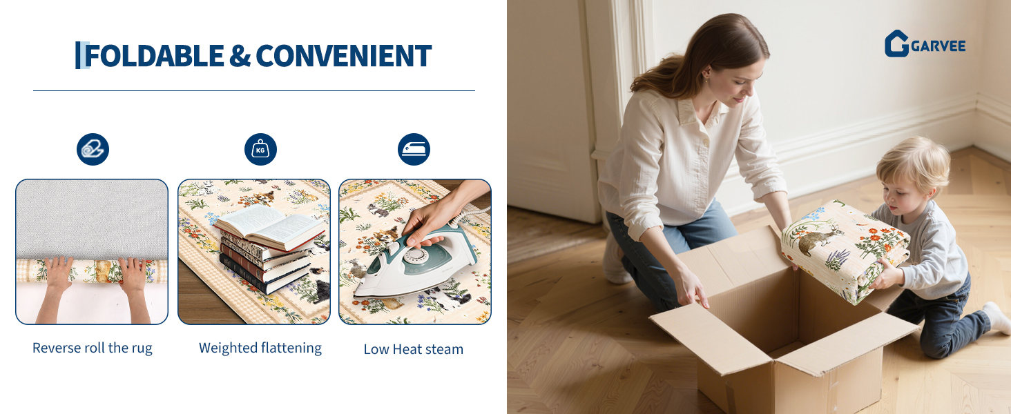 GARVEE foldable rug convenience tips: reverse roll, weighted flattening, and low heat steam
