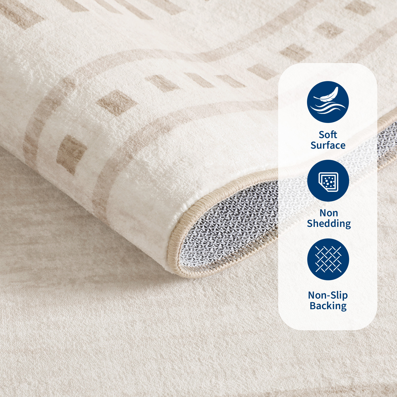 Soft non shedding beige border rug close up