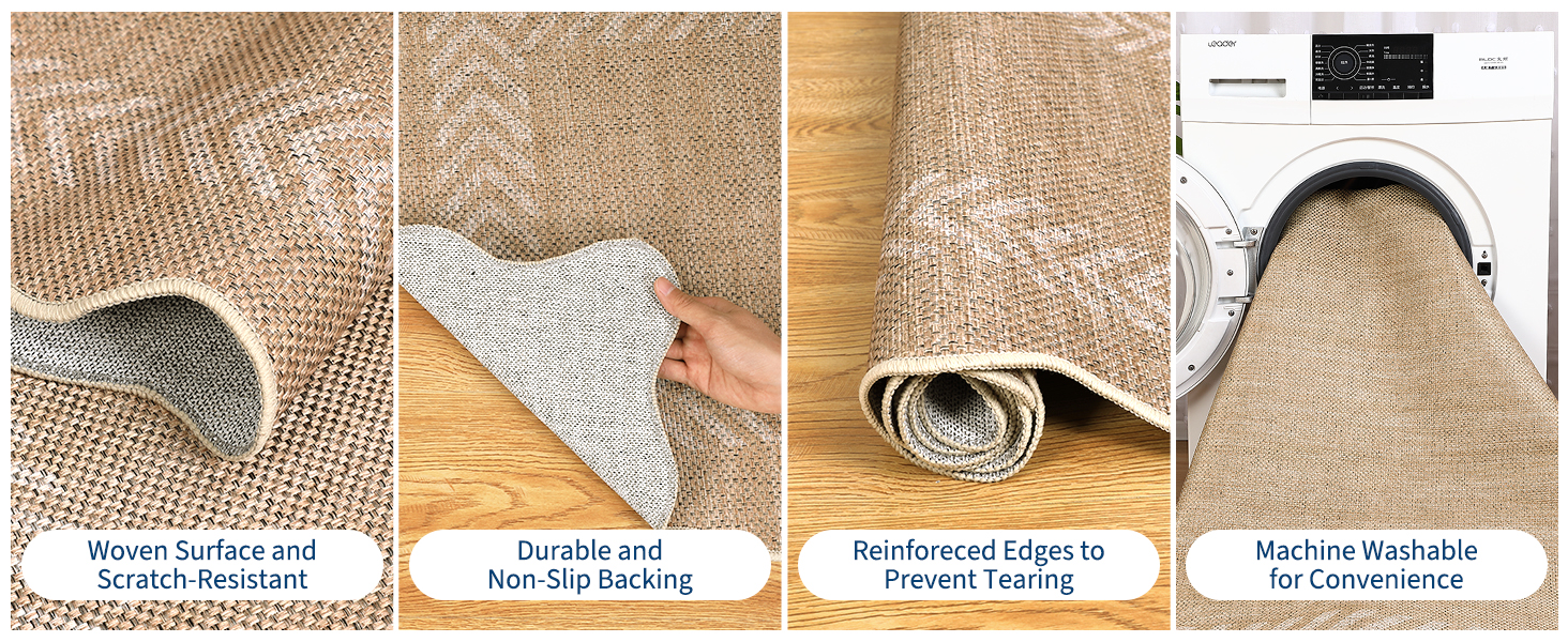 Close-up details of woven surface, non-slip backing, reinforced edges, and machine washable rug