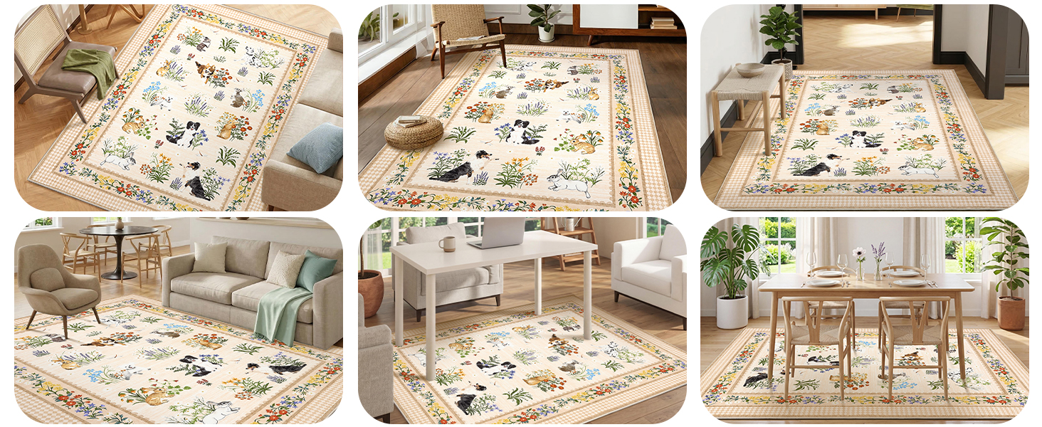Cute animals area rug shown in multiple rooms and angles for home styling inspiration