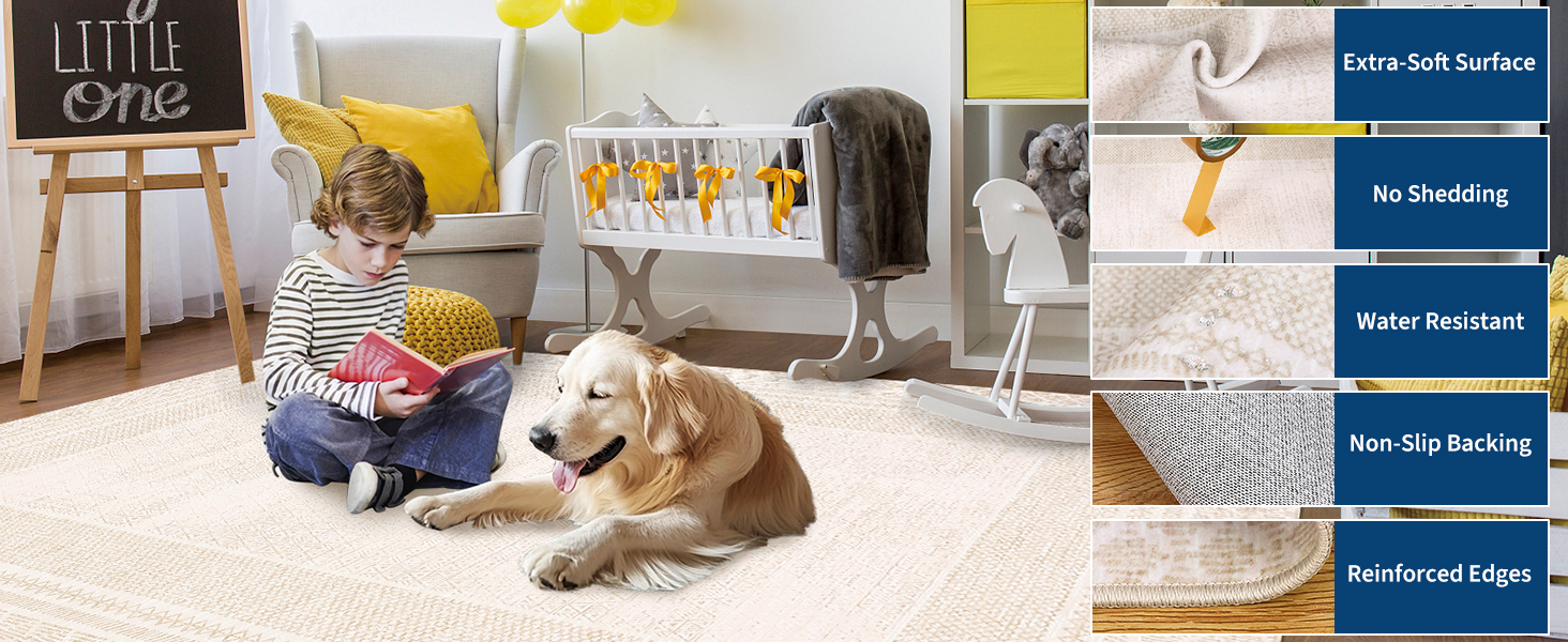 Soft neutral geometric rug with non-slip backing suitable for nursery and family spaces