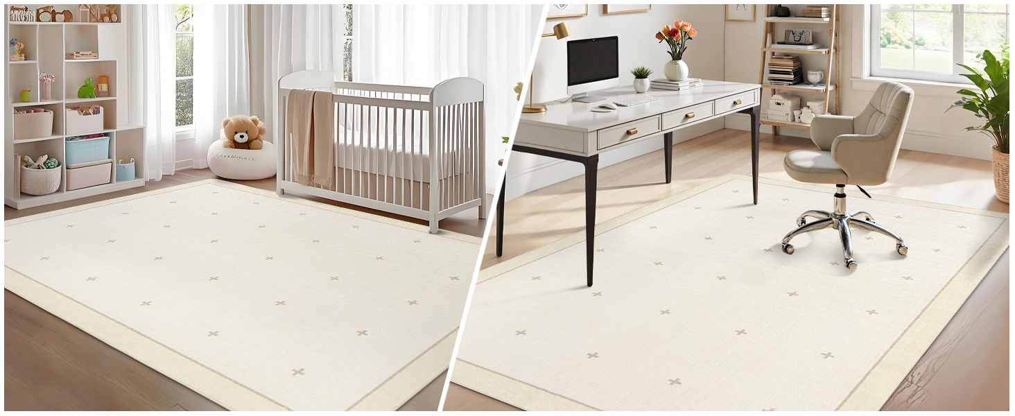 GARVEE beige washable foldable rug in a nursery and home office setup showing versatile indoor placement