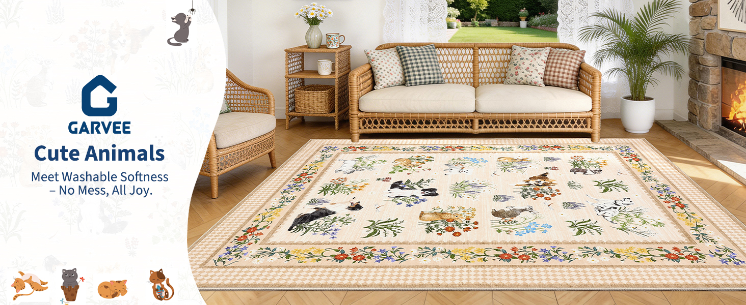 GARVEE cute animals washable rug lifestyle scene in a living room setting
