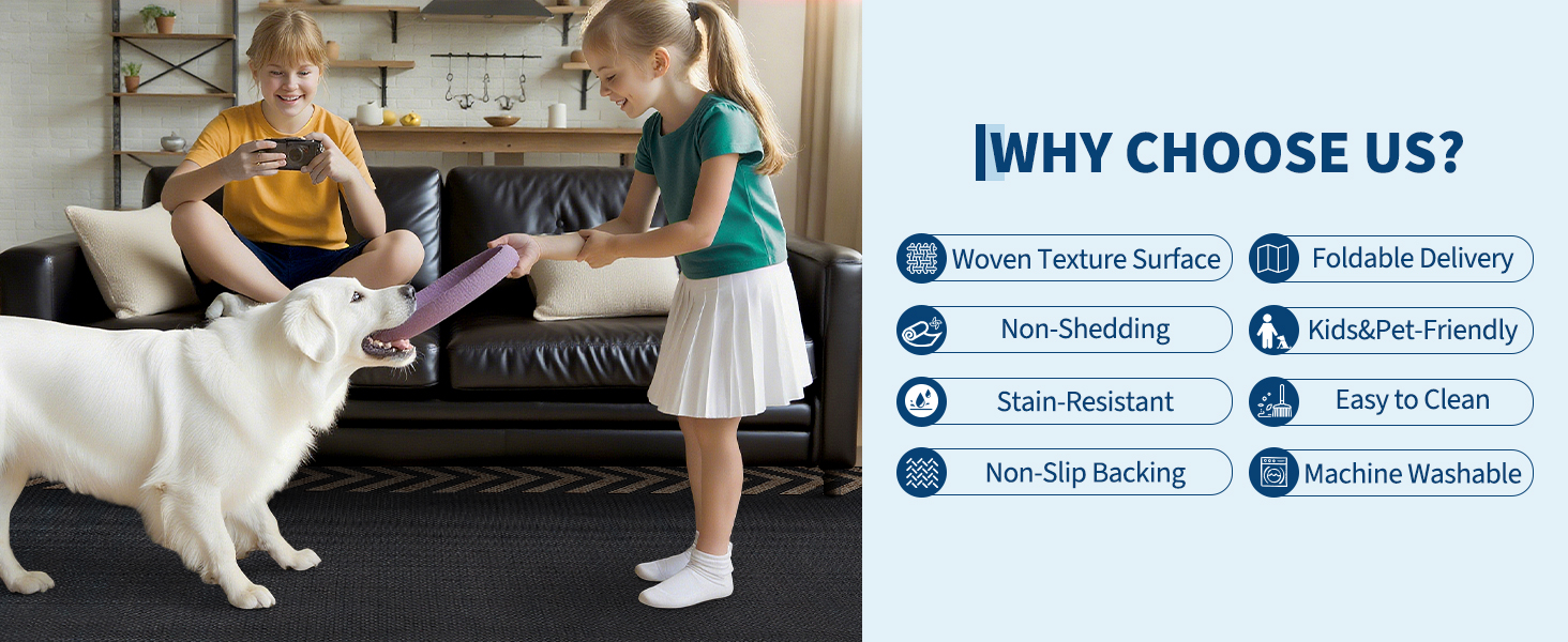 Family and pet friendly GARVEE rug with easy care, woven texture, and non-slip backing benefits
