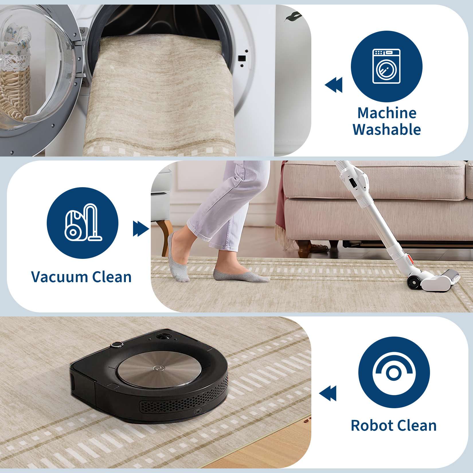Care options for a washable rug including machine wash, vacuum clean, and robot vacuum cleaning