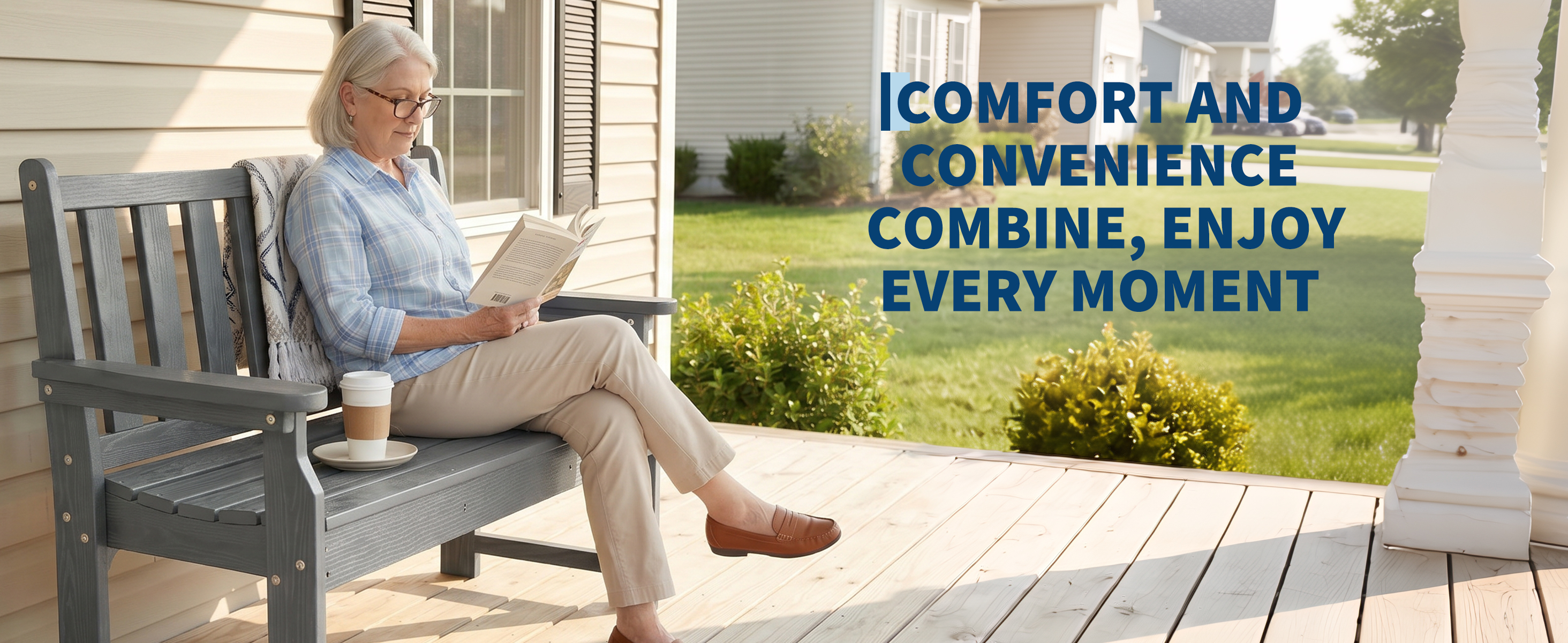 GARVEE gray HDPE outdoor bench on a porch for comfortable everyday seating