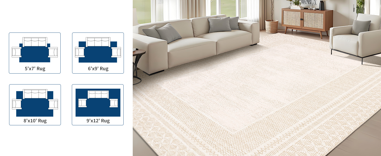 GARVEE washable faux cashmere area rug in neutral geometric style in a living room