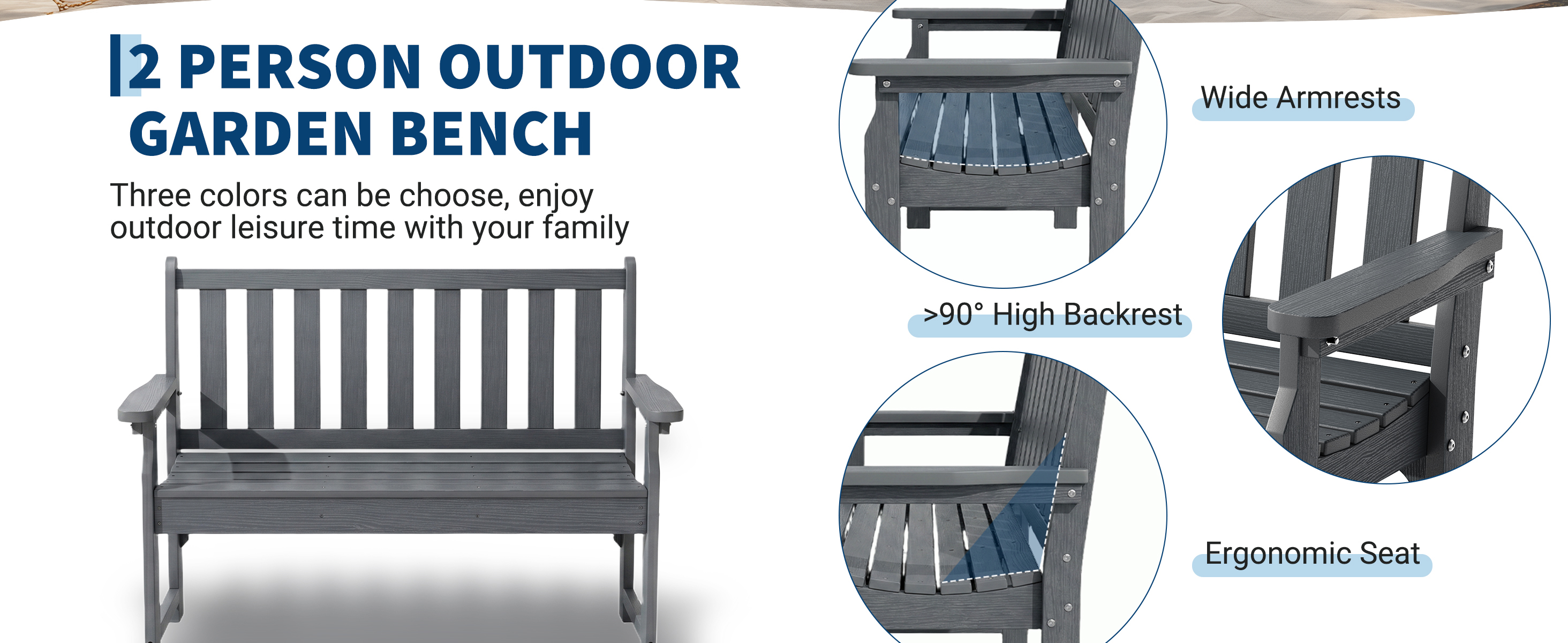Outdoor bench with wide armrests and ergonomic seat design details for comfort