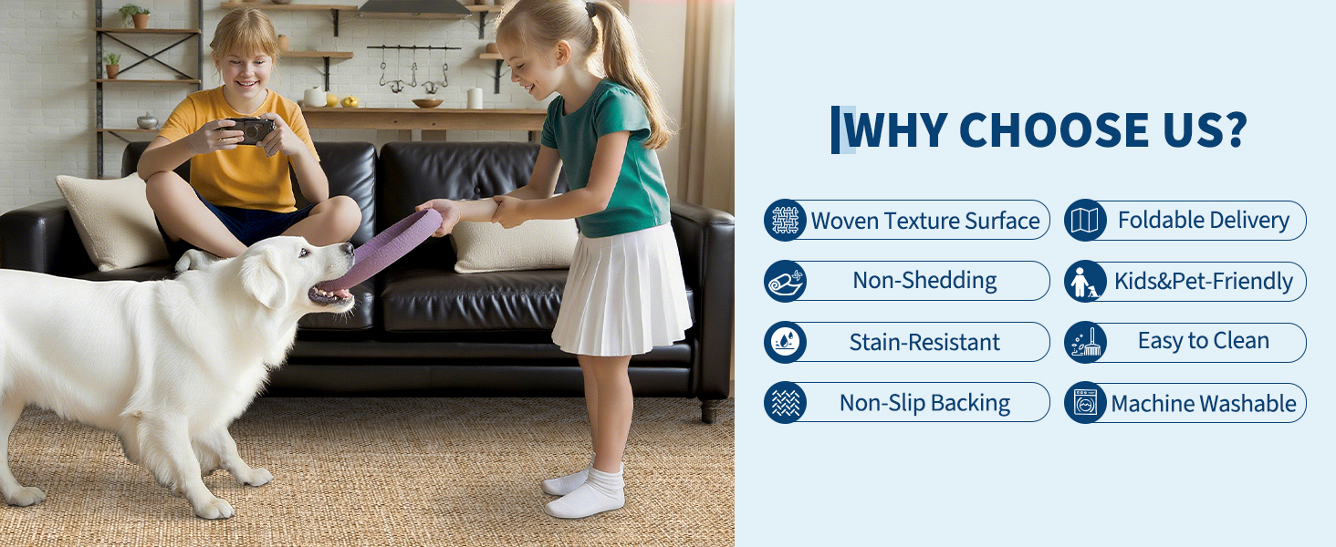 Children and pets playing safely on a GARVEE stain-resistant area rug