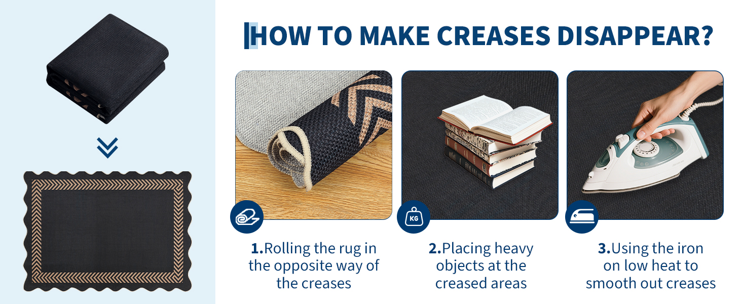 How to remove rug creases: reverse rolling, placing heavy objects, and using a low-heat iron
