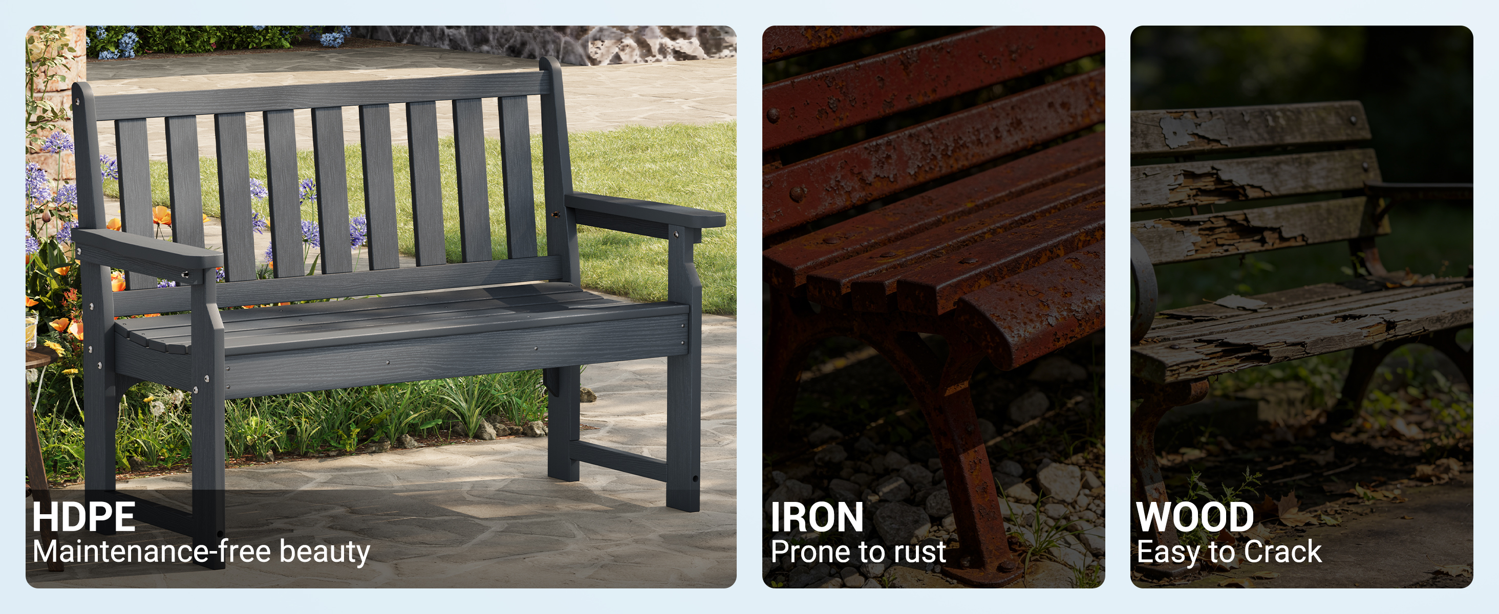 HDPE outdoor bench compared with iron and wood showing resistance to rust and cracking