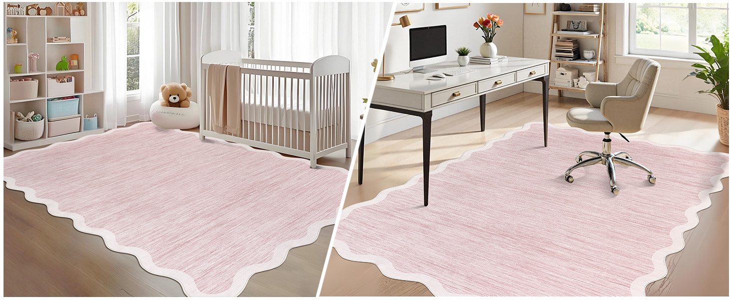 Garvee pink wavy border rug in a cozy nursery and a modern home office setting