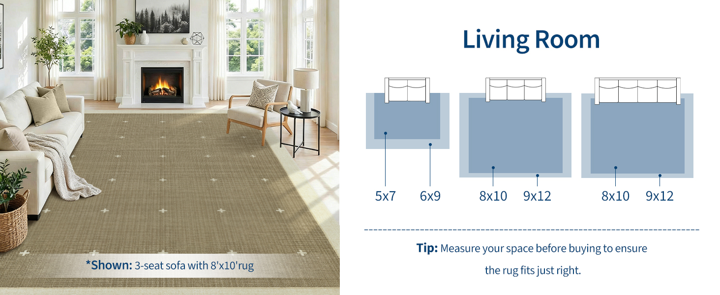 Garvee area rug living room size guide and sofa placement guide