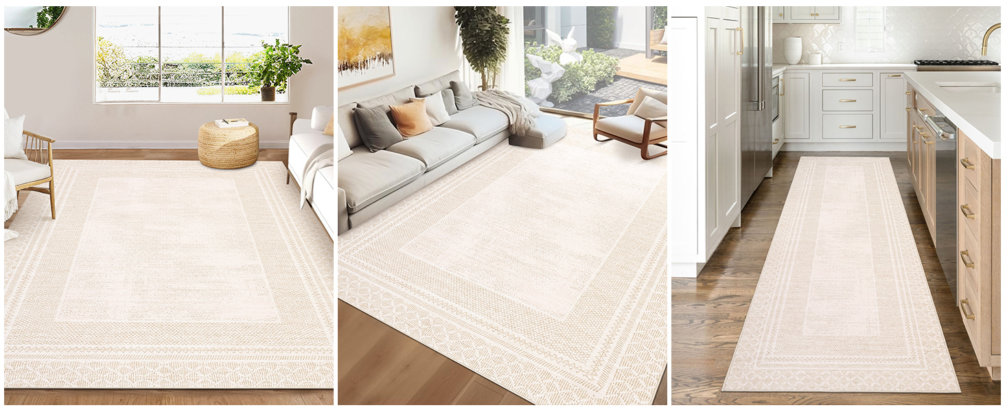 Neutral washable area rug shown in bedroom living room and kitchen runner spaces