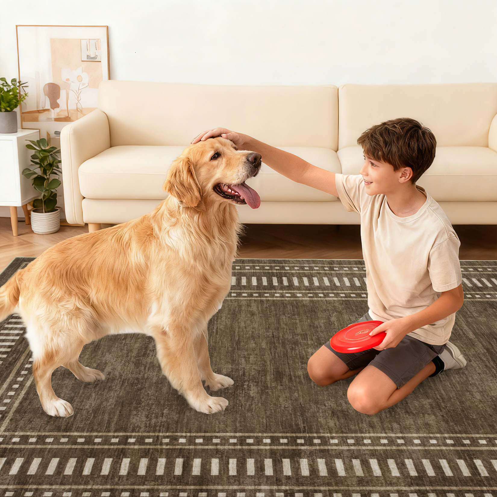 Family-friendly lifestyle scene with a dog and child on a runner rug in a living room