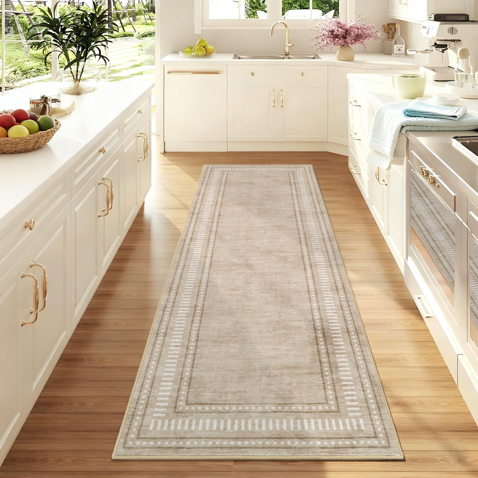 Washable beige rug styled in a bright kitchen for everyday comfort and easy cleaning