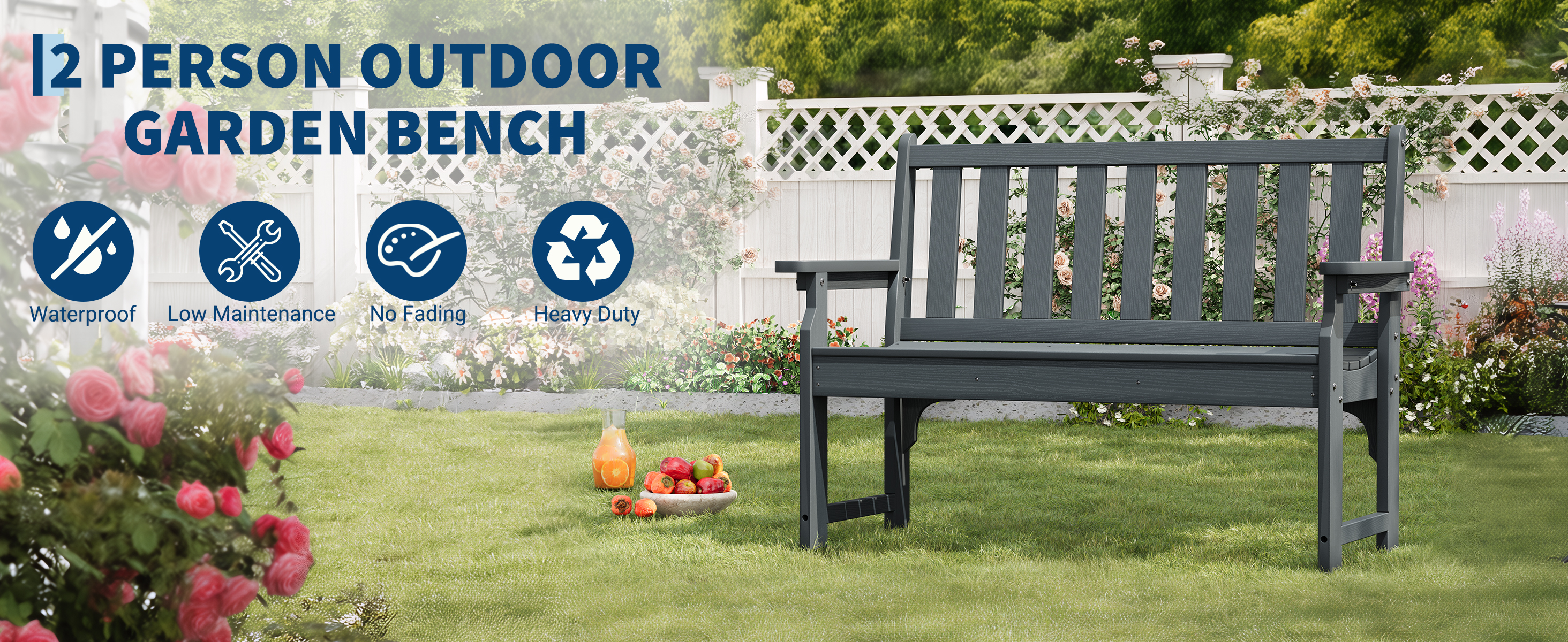 GARVEE 2-person outdoor garden bench in gray HDPE on lawn patio setting