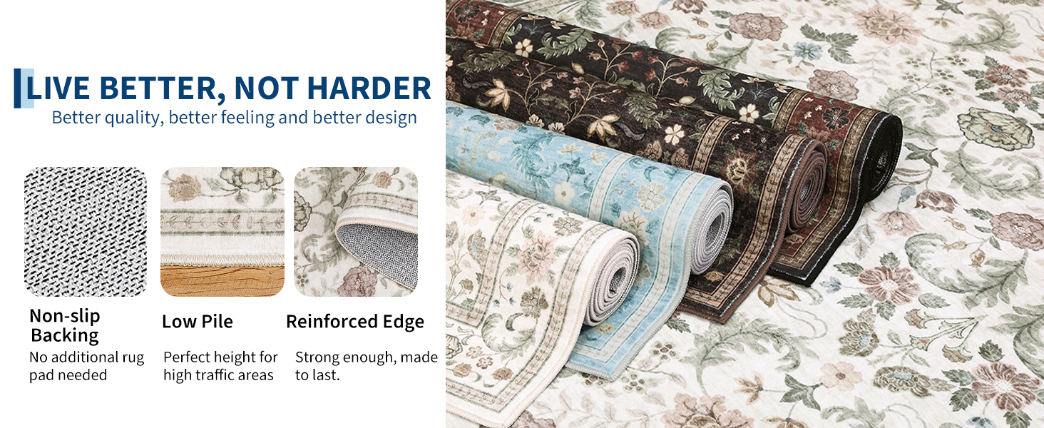 Foldable washable area rug shown rolled and layered, highlighting non-slip backing and reinforced edges