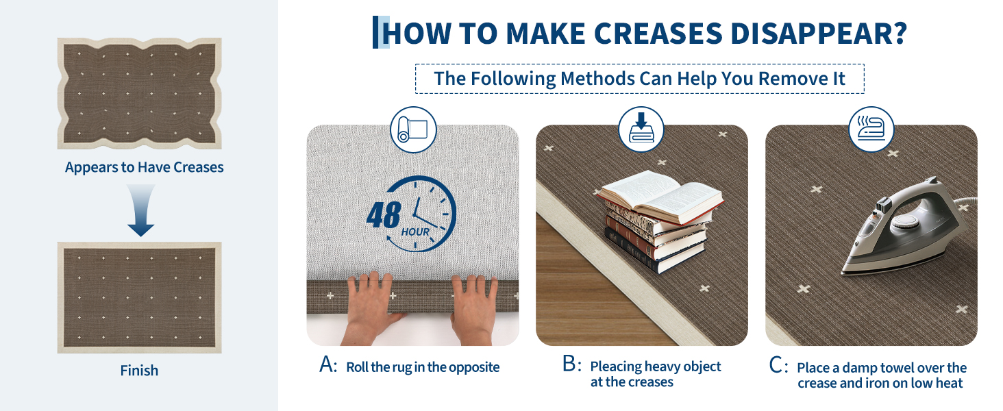 How to remove rug creases after folding including rolling opposite direction, placing heavy objects, and low-heat ironing with a damp towel