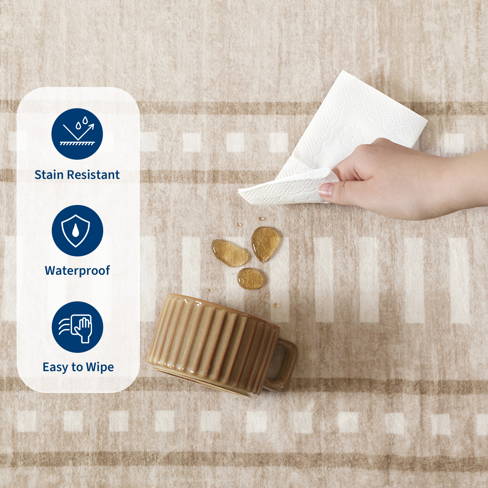 Spill wiped from a washable rug showing stain-resistant, waterproof, and easy-to-wipe surface