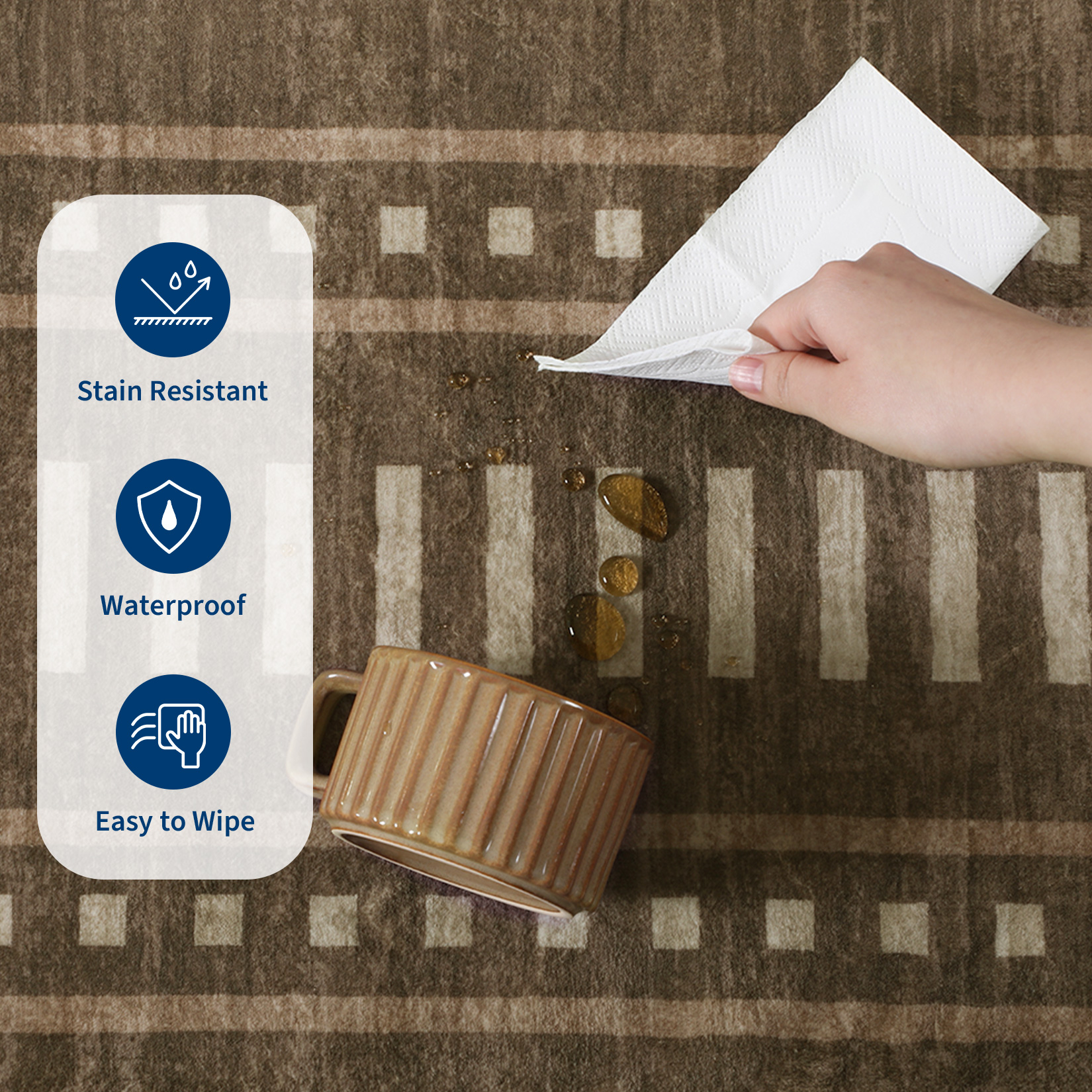 Spill on runner rug being wiped clean, highlighting stain resistant waterproof surface