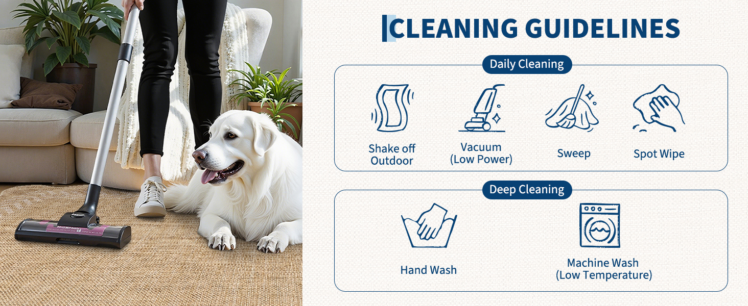 Daily and deep cleaning guidelines for GARVEE machine washable rugs