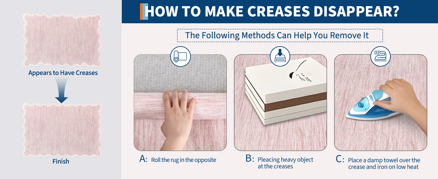 Step-by-step instructions for removing shipping creases using rolling, heavy objects, or low-heat ironing