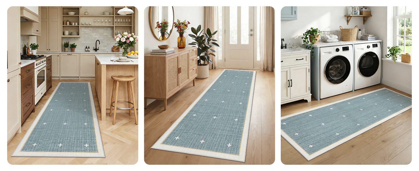 Garvee celestial runner rug styled in the kitchen, hallway, and laundry room