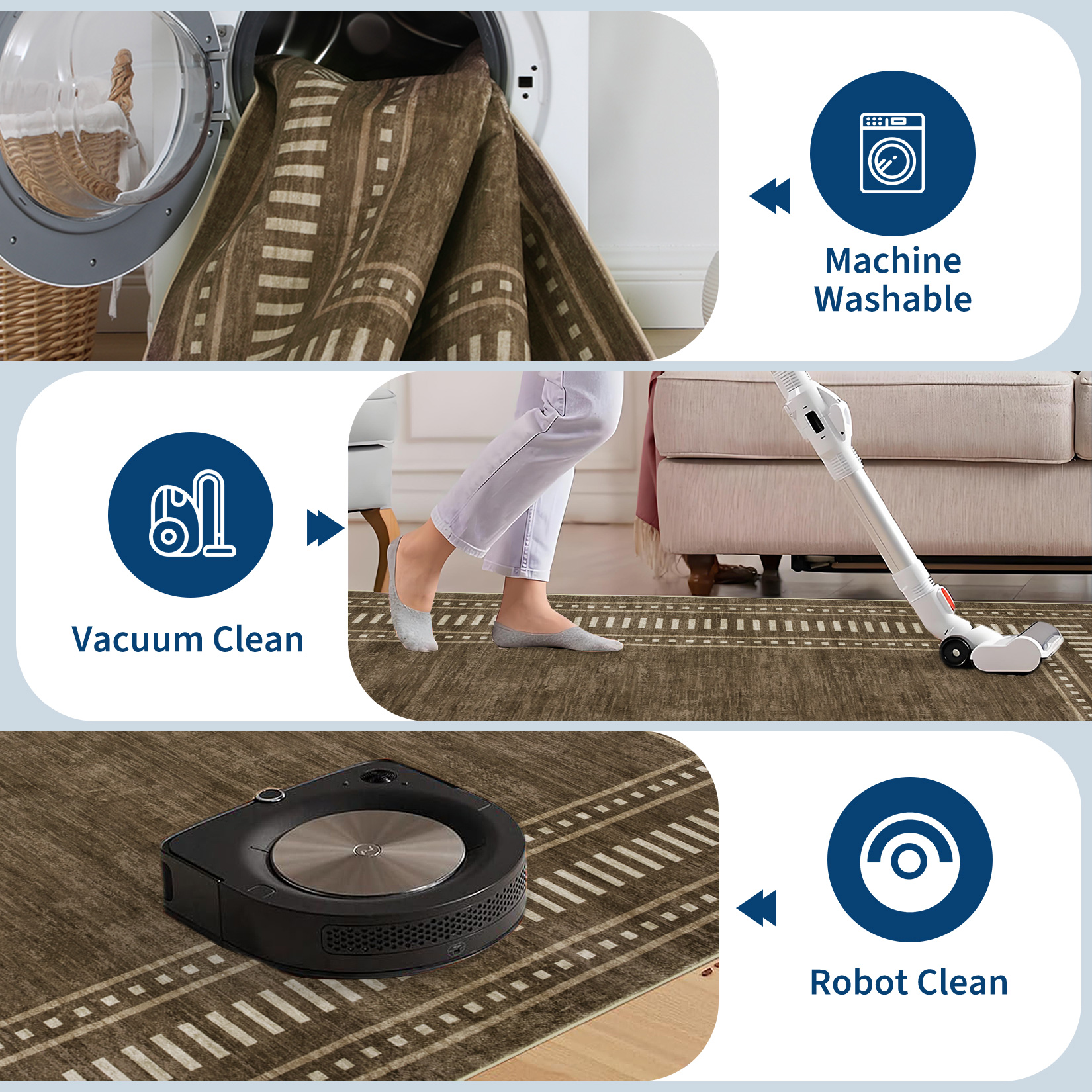 Runner rug shown with machine washable, vacuum clean and robot clean icons for easy care