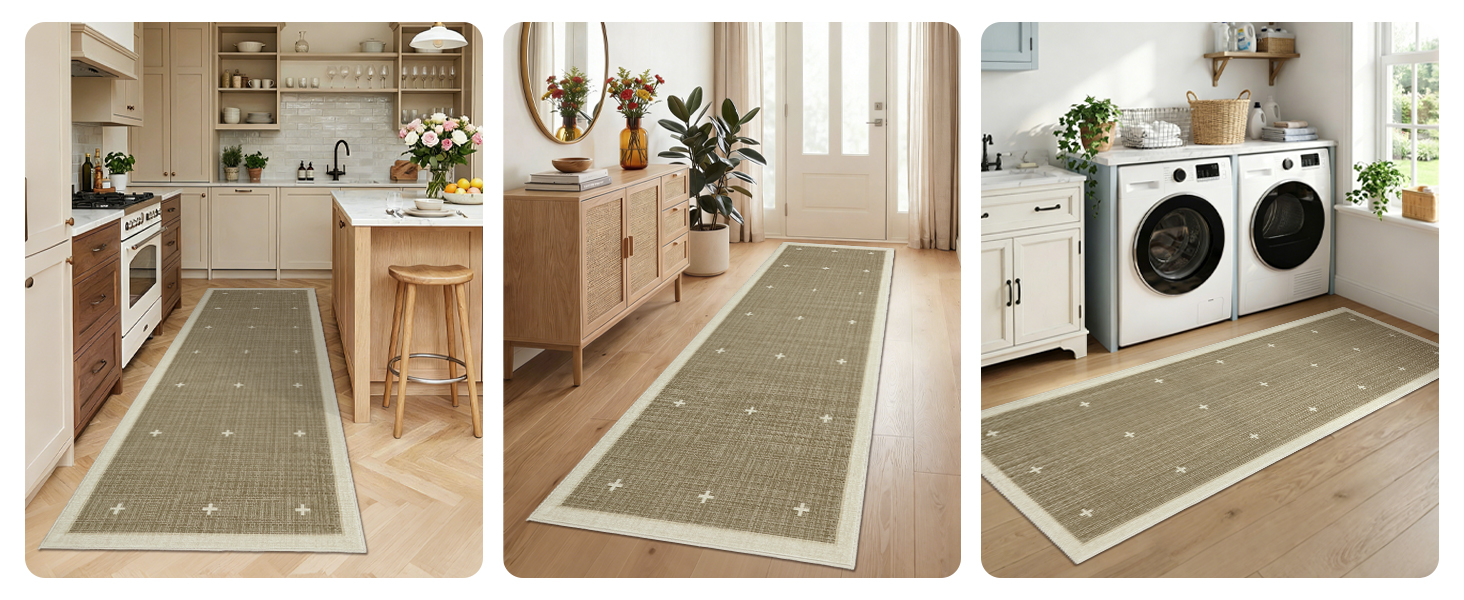 Garvee celestial runner rug styled in kitchen, laundry room, and entryway