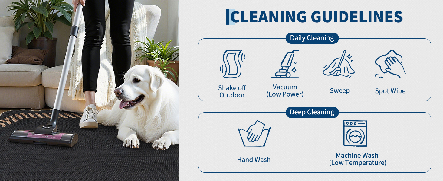Cleaning guidelines for a machine washable indoor outdoor rug including vacuuming, sweeping, spot wiping, hand wash, and low temperature machine wash