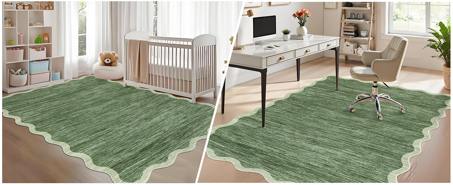 Garvee green wavy border area rug enhancing a cozy nursery and a professional home office