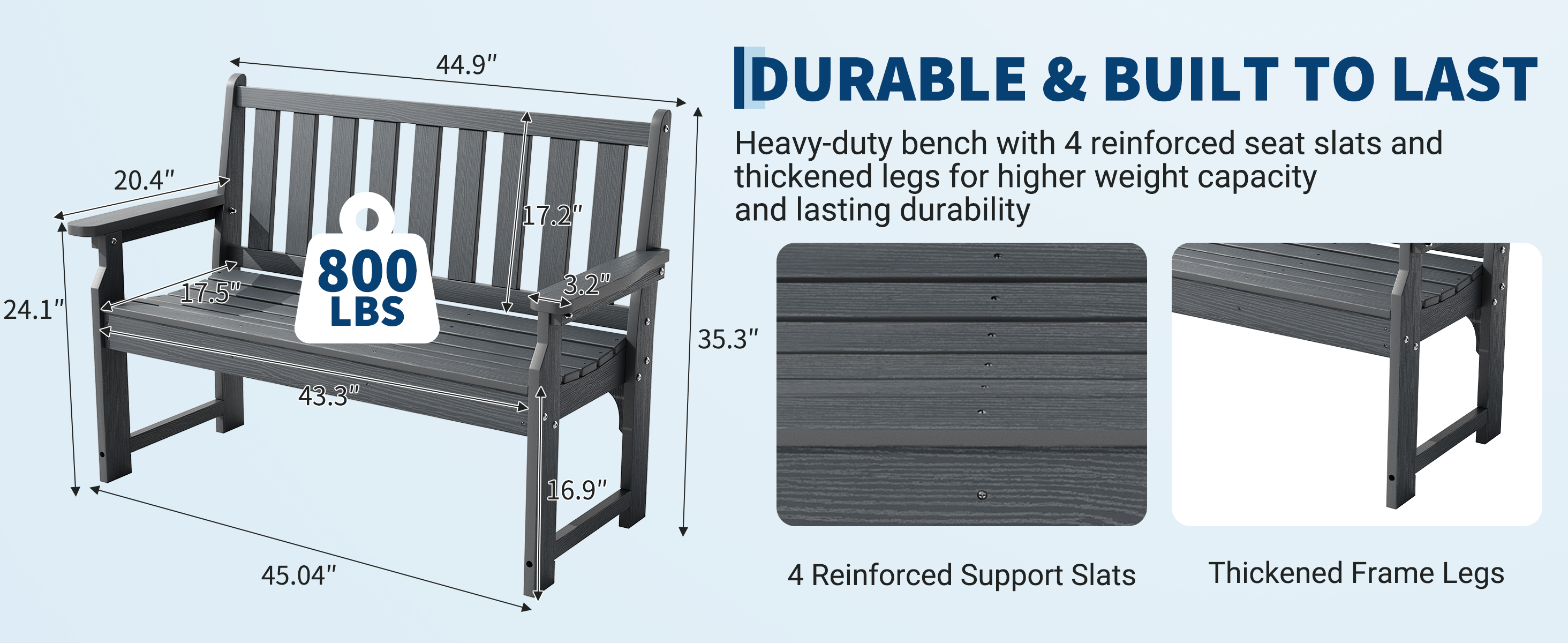 Heavy-duty outdoor bench engineered for strength with up to 800 lb weight capacity and reinforced slats