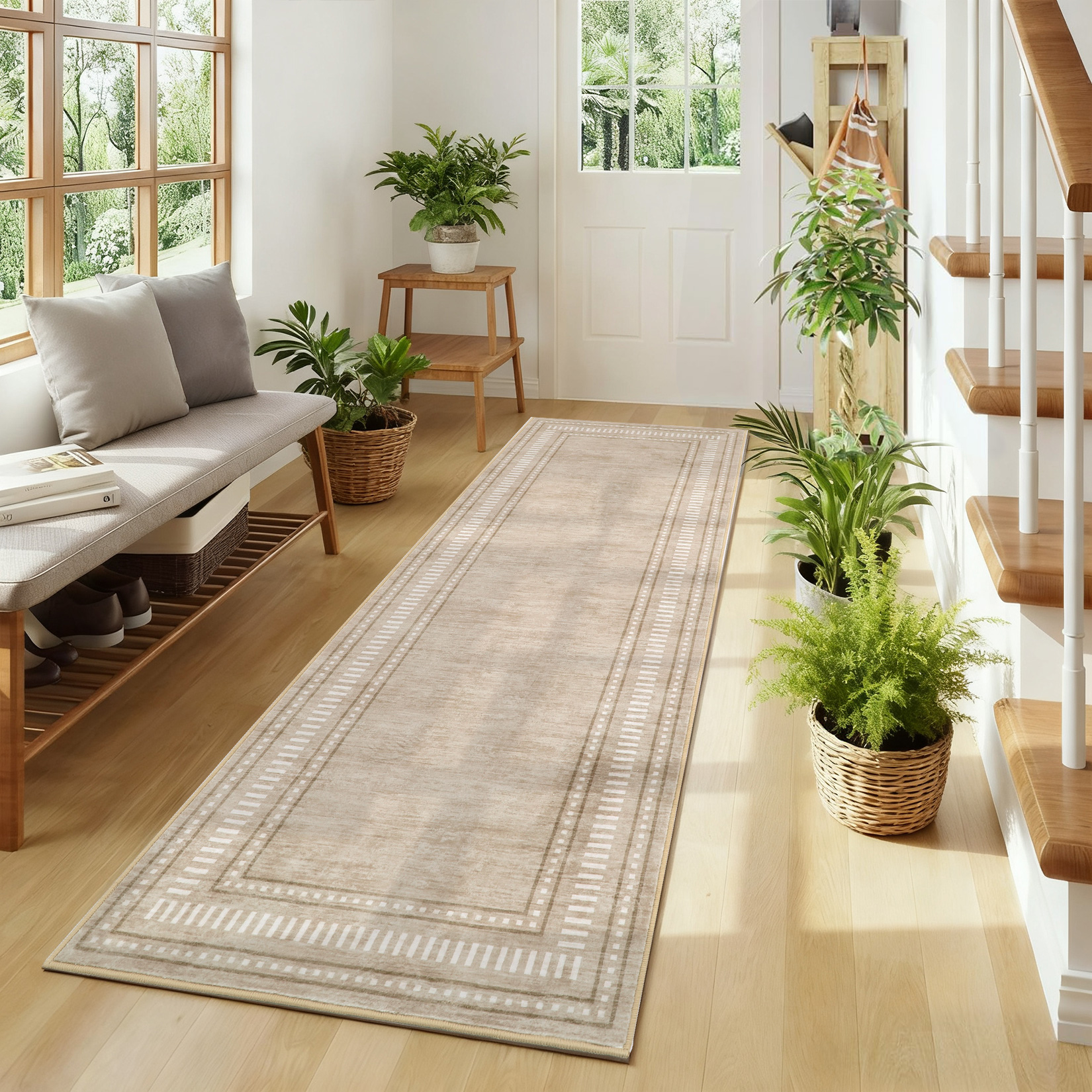 GARVEE washable area rug styled in a bright entryway with neutral beige border pattern