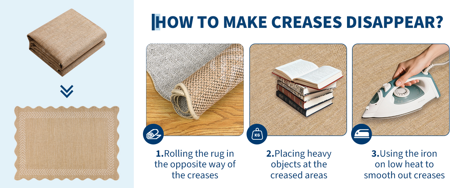 How to remove creases from a foldable rug by rolling opposite, placing heavy objects, and using low-heat iron